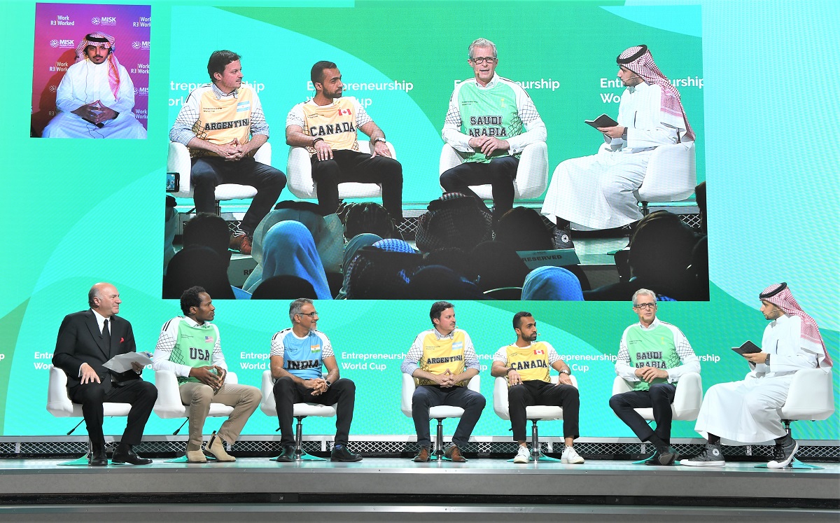 Prince Khaled bin Alwaleed and Kevin O'Leary with the winner five finalists of the Entrepreneurship World Cup at the Misk Global Forum