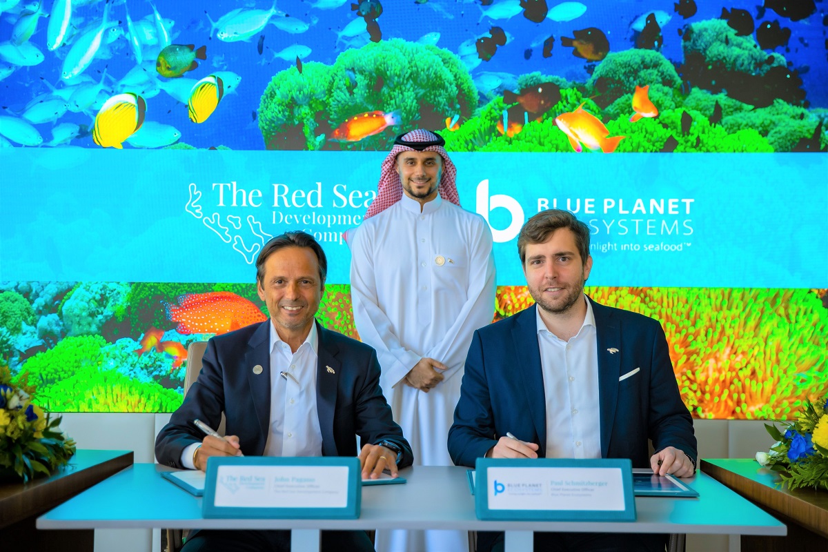 Prince Khaled bin Alwaleed, John Pagano, Paul Schmitzburger at the signing of two MoUs between TRSDC and Blue Planet Ecosystems in Riyadh